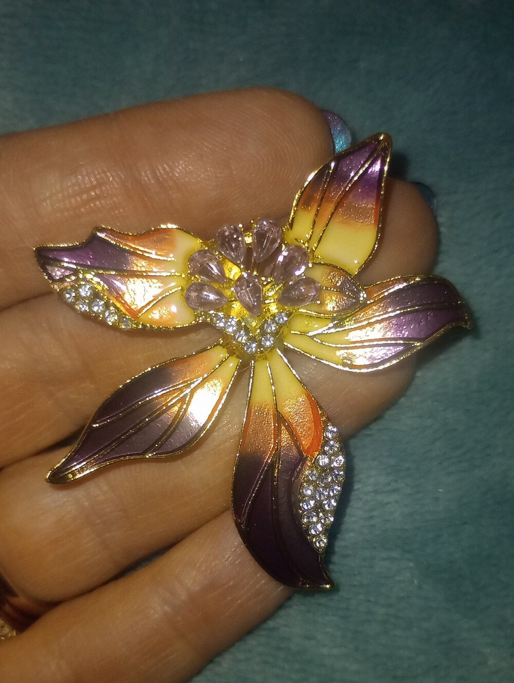 Floral Enamel and Crystal  Brooch in Purple and Yellow